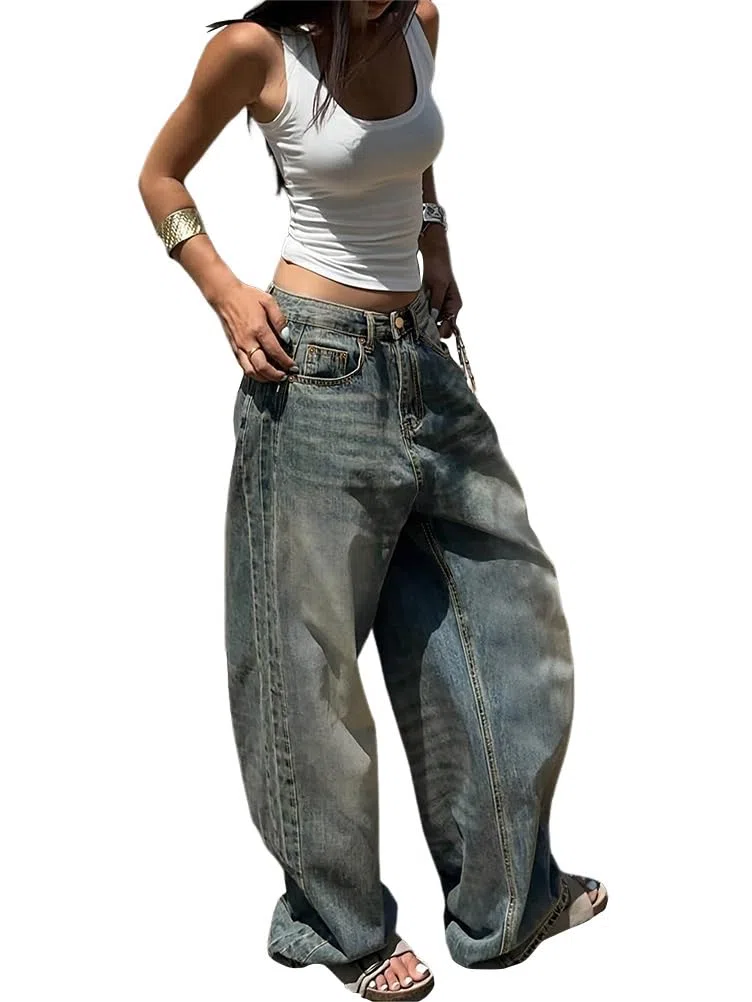 Jeans Donna Baggy Vita Alta Pantaloni Denim Larghi Pantalone Gamba Larga Y2K
