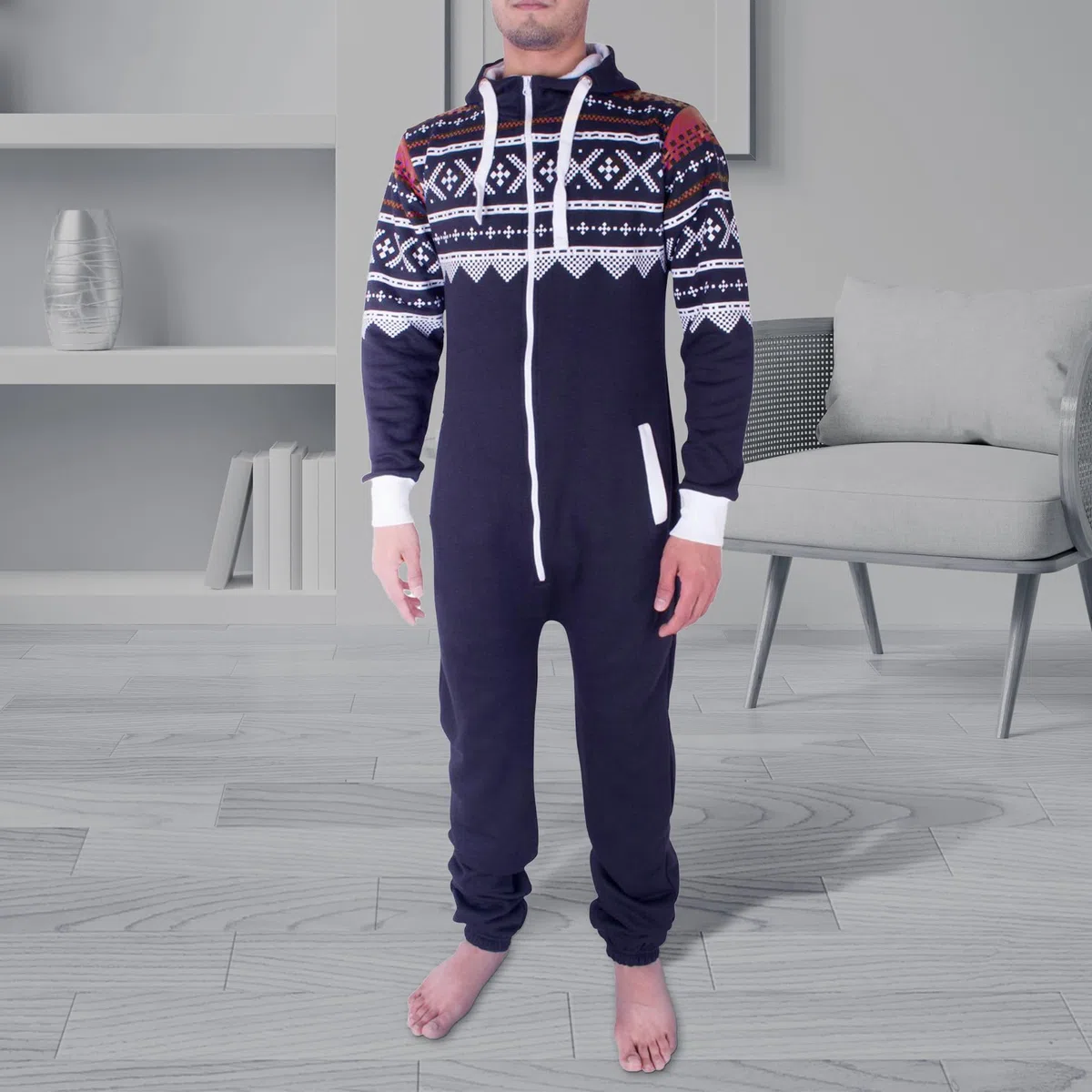NOROZE Elegante Azteca Pigiama Intero Uomo - Incappucciata Pigiami con Cappuccio Onesie - Caldo e Accogliente Tuta Intera Uomo Pile