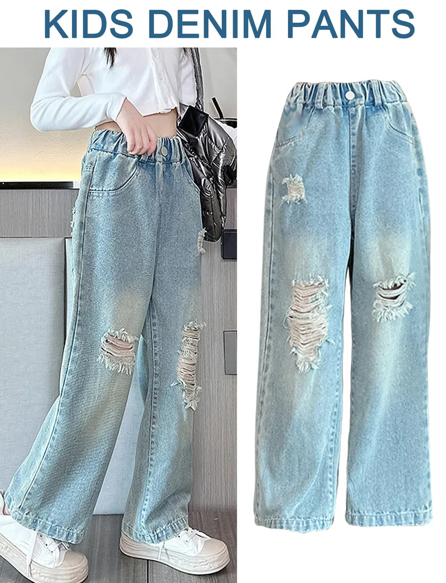Happy Cherry Jeans Larghi Bambina Pantaloni Lunghi in Denim all Moda Pantaloni Strappati Vita Alta Elasticizzata con Tasche per Ragazze 5-15 Anni