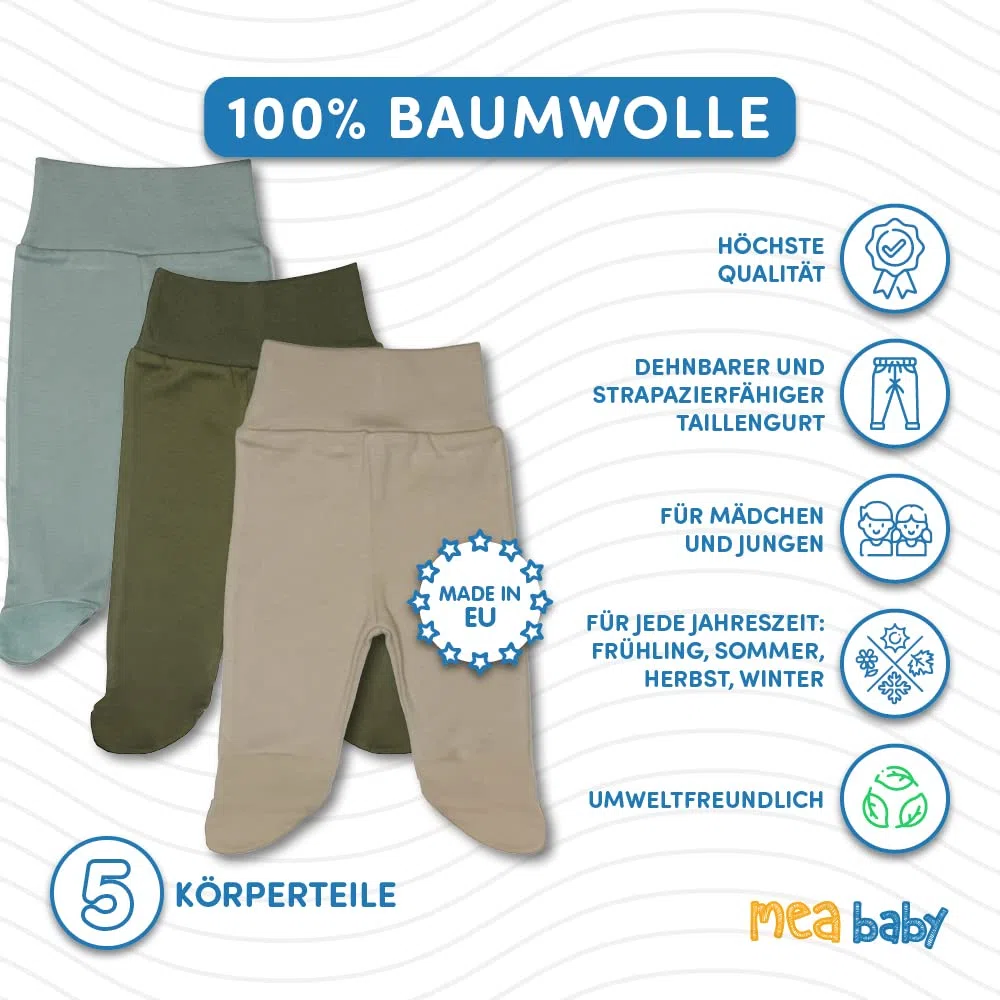 MEA BABY Pantaloni Unisex per Bambini con Piede in 100% Cotone in Confezione da 5 Pezzi