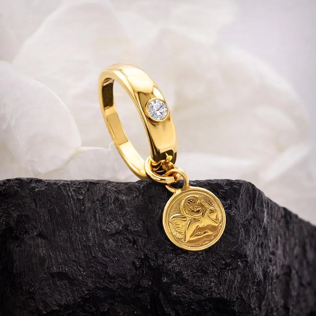 Clever Schmuck - Collana per battesimo in oro con angelo custode e anello bianco, catenina a maglie da 36 cm in argento sterling dorato 925, in una confezione per il battesimo