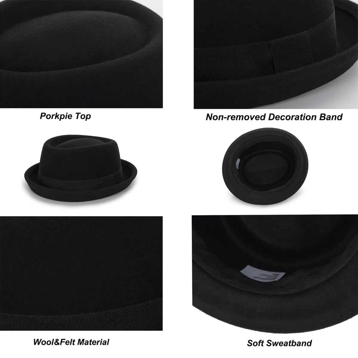 Cappello da uomo piatto Porkpie cappello soffiatore – cappello di lana nera con fascia (S-M)