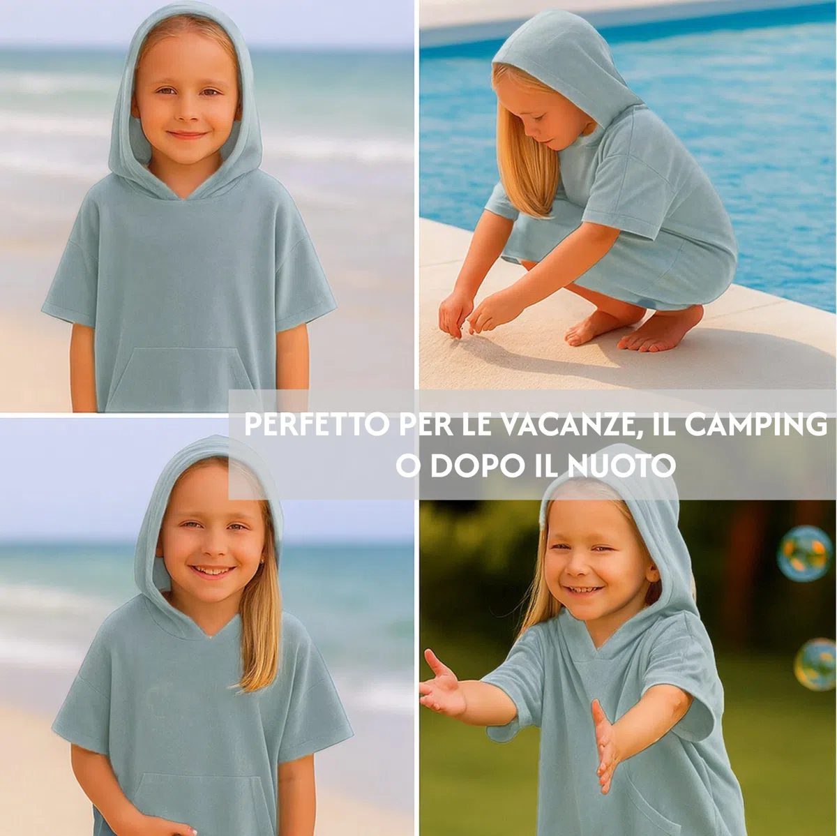 Poncho Mare Bambino Bambina Cotone Leggero - Accappatoio Ragazzo Ragazza Asciugamano Telo Bagno Spugna Leggera con Cappuccio Surf Spiaggia