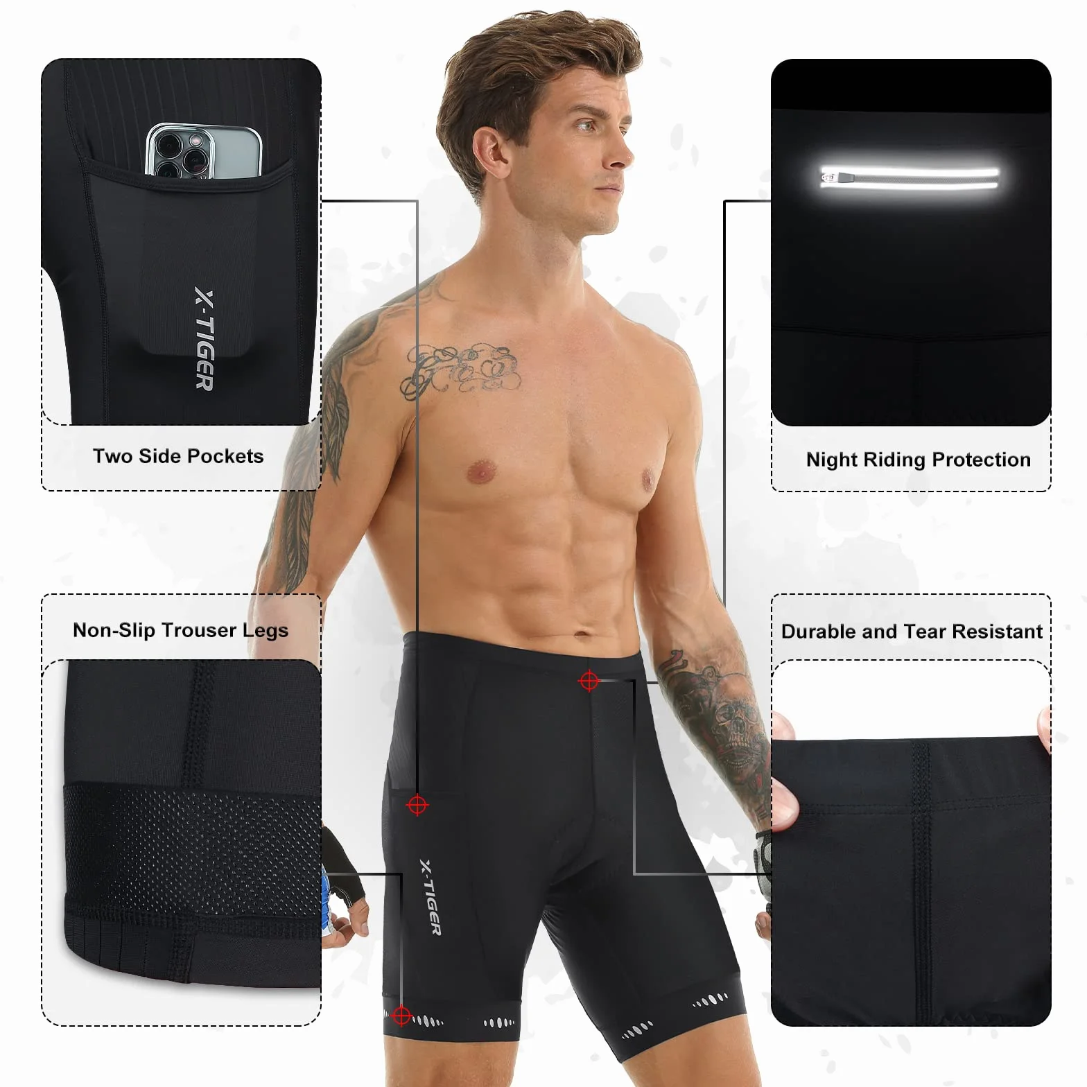 X-TIGER MTB Ciclismo Uomo 5D Gel Imbottito Pantaloncini Ciclismo Bici Uomo Traspirante Asciugatura Rapida con 3 Tasche