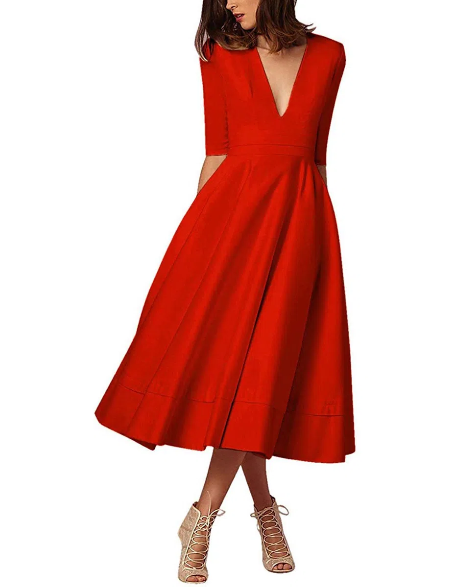 Donna Vestiti Lunghi da Matrimonio Elegante Collo V Vestito A Pieghe Skater Abito Maxi Damigella Sera Cerimonia Inverno