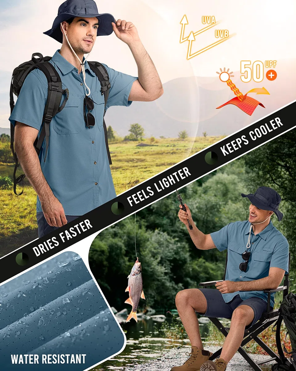 33,000ft Camicia da uomo a maniche corte UPF50+, protezione UV, per attività all'aria aperta, ad asciugatura rapida, per il tempo libero, per pesca, safari, viaggi, golf