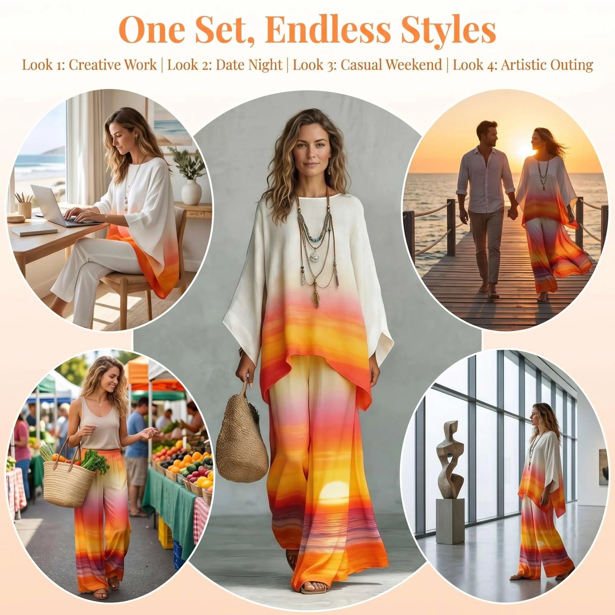 2 Pezzi Tuta Donna Complete Elegante Lino Estivo Boho Chic Top Kaftano Vintage e Pantaloni Gamba Larga Tute Curvy Completo Cerimonia Leggero Taglie Forti Spiaggia Vacanze Primaverile Set