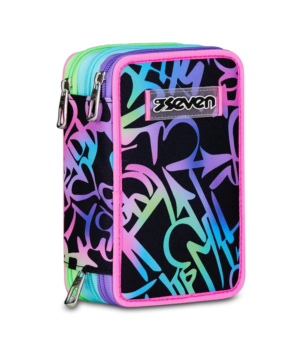 Seven Astuccio Scuola Elementare, 3 scomparti, Medie, con Matite, Pennarelli, Penne, 3 Zip, Sprinkling, Bambina e Ragazza, blu/viola