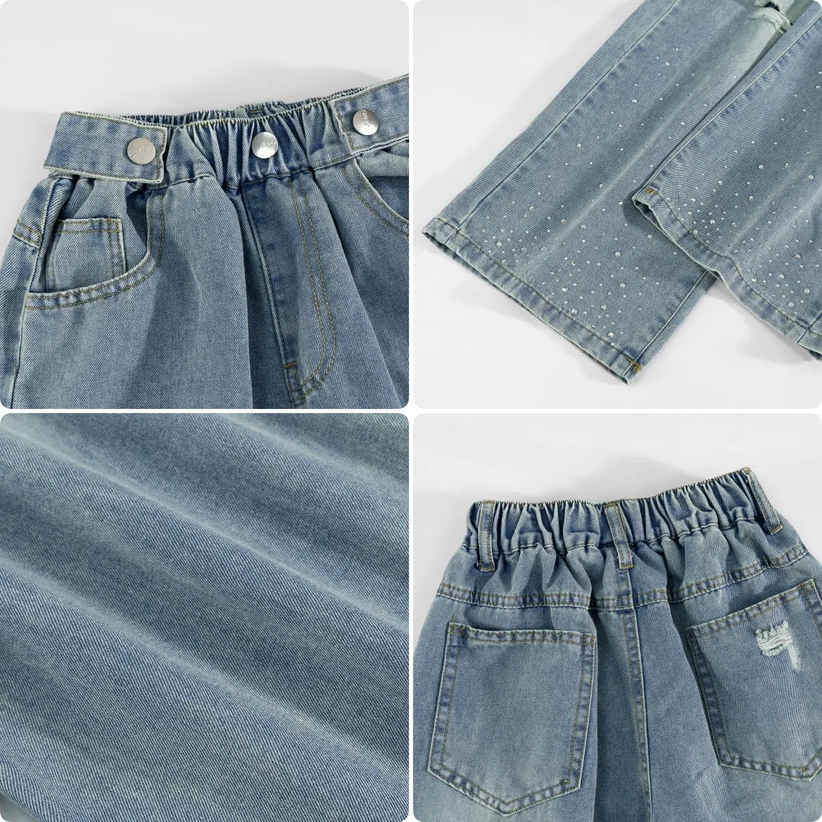 Rolanko Jeans Ragazze, Loose Denim Pantaloni Vita Elastico Moda Rotti Blu per Bambini