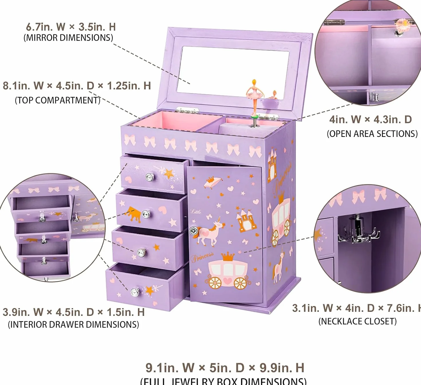 Redcoutt Portagioie per Bambine - Carillon per Bambine con Principessa, con Cassetti, Regalo da Favola per Compleanni, Portagioie per Bambine dai 3 ai 15 Anni (viola)