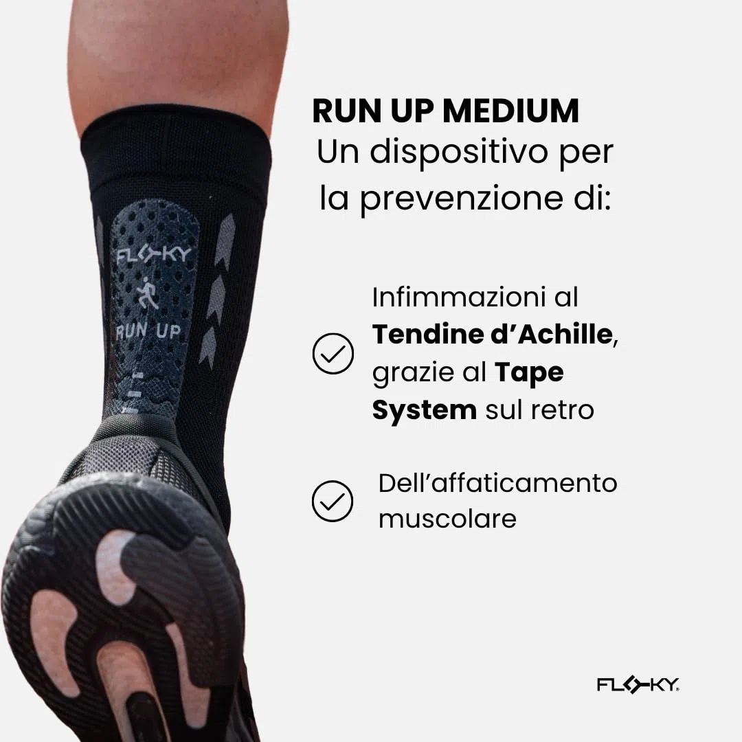 FLOKY RUN UP MEDIUM calze biomeccaniche running e trekking. Calza a compressione. Protezione tendine d'Achille e muscoli gamba, supporto plantare. Massima riduzione vibrazioni.