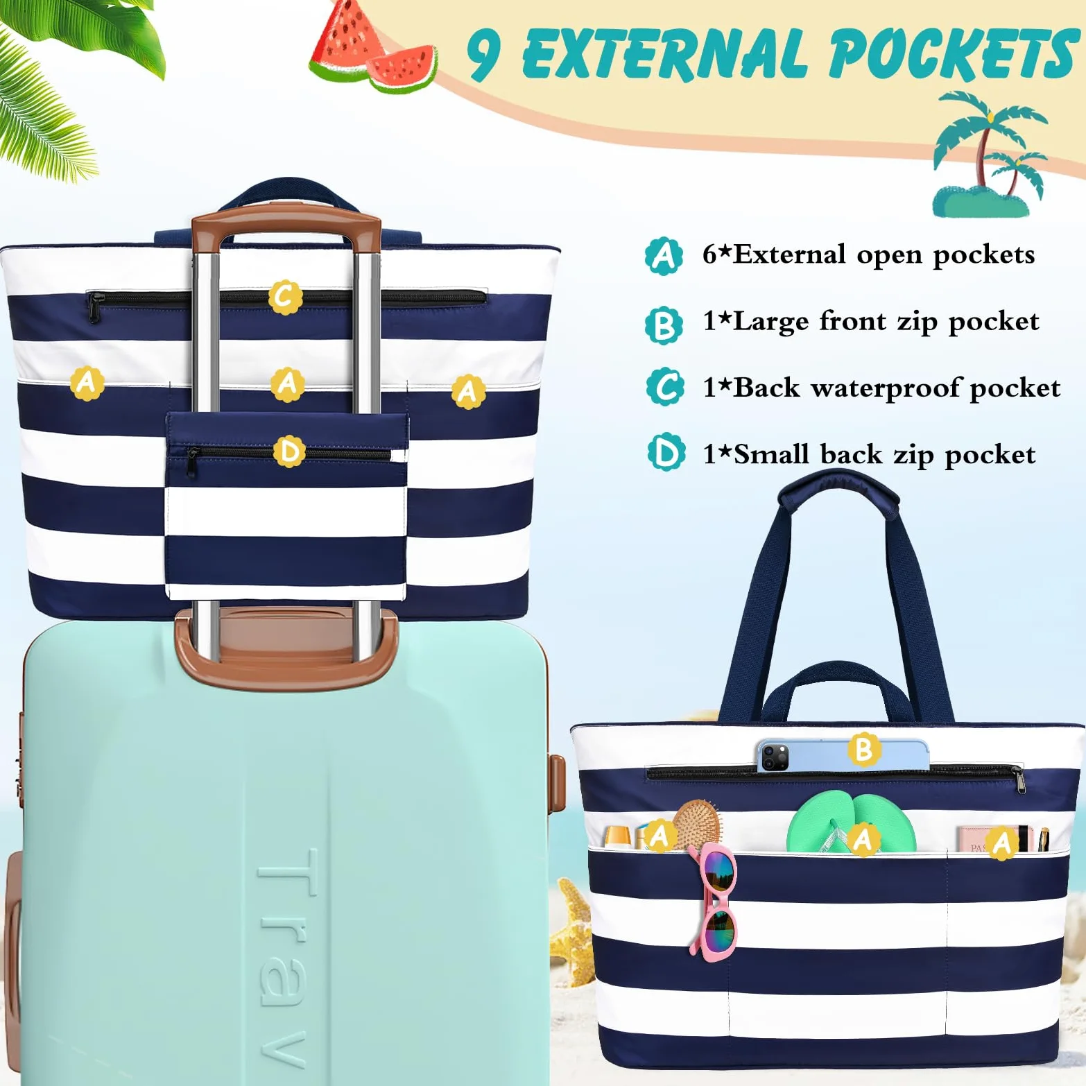 Borsa Mare Grande Borsa Spiaggia Donna XXL Famigli Impermeabile Beach Bag Con Zip Pieghevole Borsa Da Spiaggia Multitasche Tote Bag Per Spiaggia, Viaggio, Vacanza. 50L