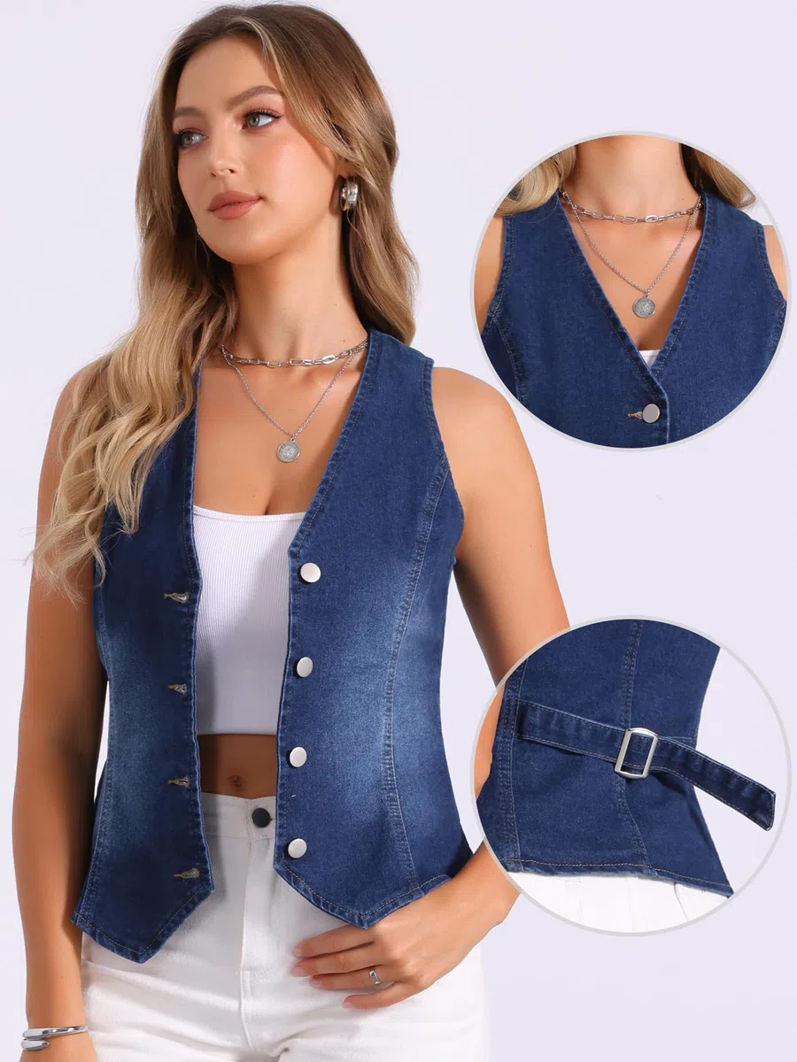 Allegra K Gilet Jeans Donna Estivo Gilet Elegante con Bottoni Scollo A V Giubbotto Senza Maniche Giacca In Denim