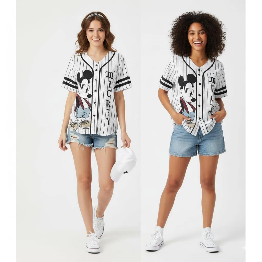Disney Maglia da baseball da donna con bottoni Topolino e Plutone
