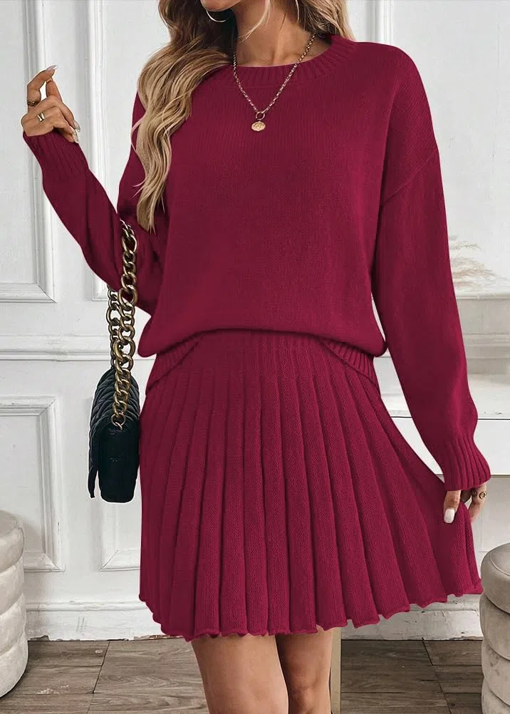 ORANDESIGNE Completo Gonna Plissettata da Donna in 2 Pezzi Abito a Collo Alto e Gonna in Maglia Set 2 Pezzi Vestiti Elegante Vestito in Maglia Gonna A-Line