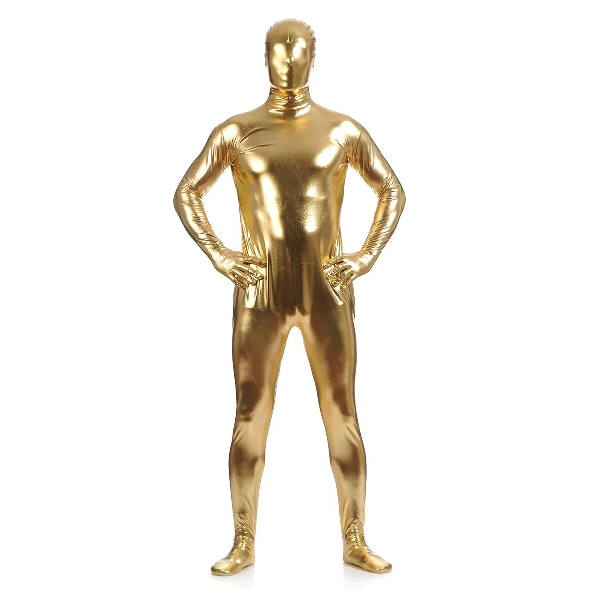 Body da uomo lucido metallizzato effetto bagnato a maniche lunghe Unitard abbigliamento da danza completo con maschera rivestimento in vernice tuta