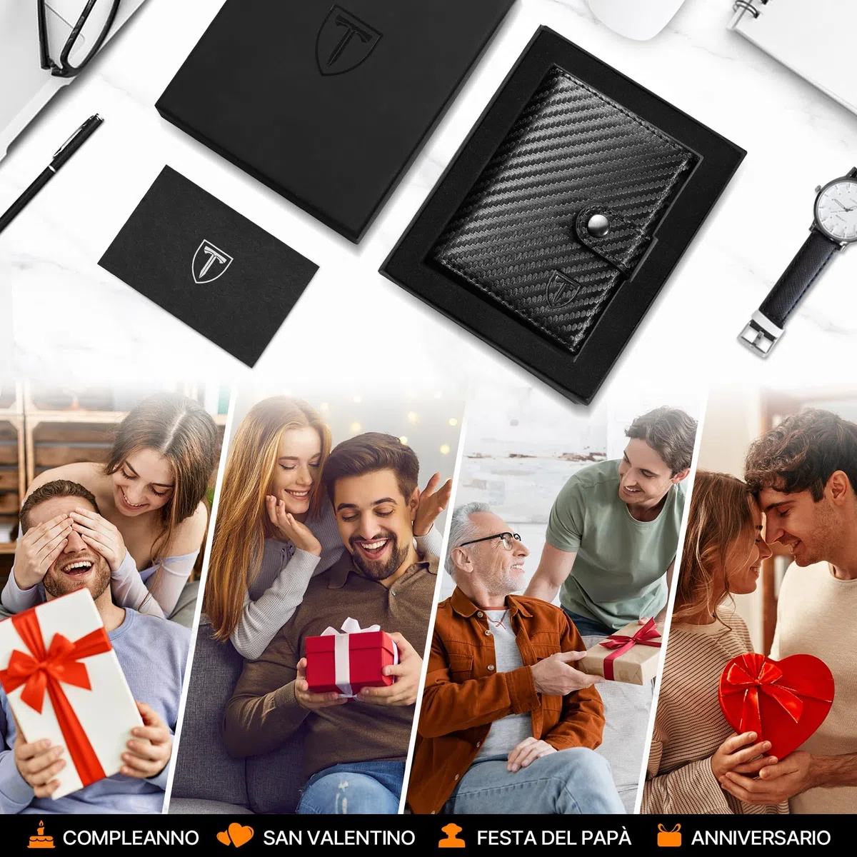 Portafoglio Uomo Slim RFID Blocking, Fibra di Carbonio Porta Carte di Credito Uomo - ID Window, Tasca Portamonete con Cerniera, Scomparto per Banconota, Confezione Regalo - Nero Arancione