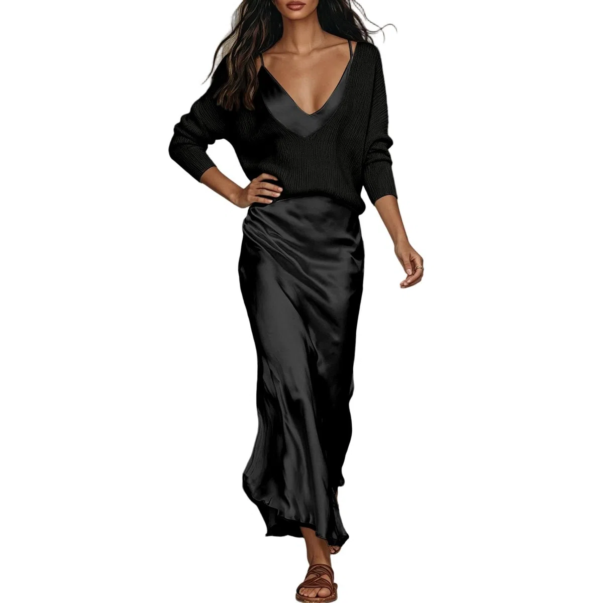 Elegante set di due pezzi composto da una parte superiore in tinta unita e un abito in raso in stile pronto per le donne, perfetto per tutti i giorni, tempo libero, appuntamenti e feste