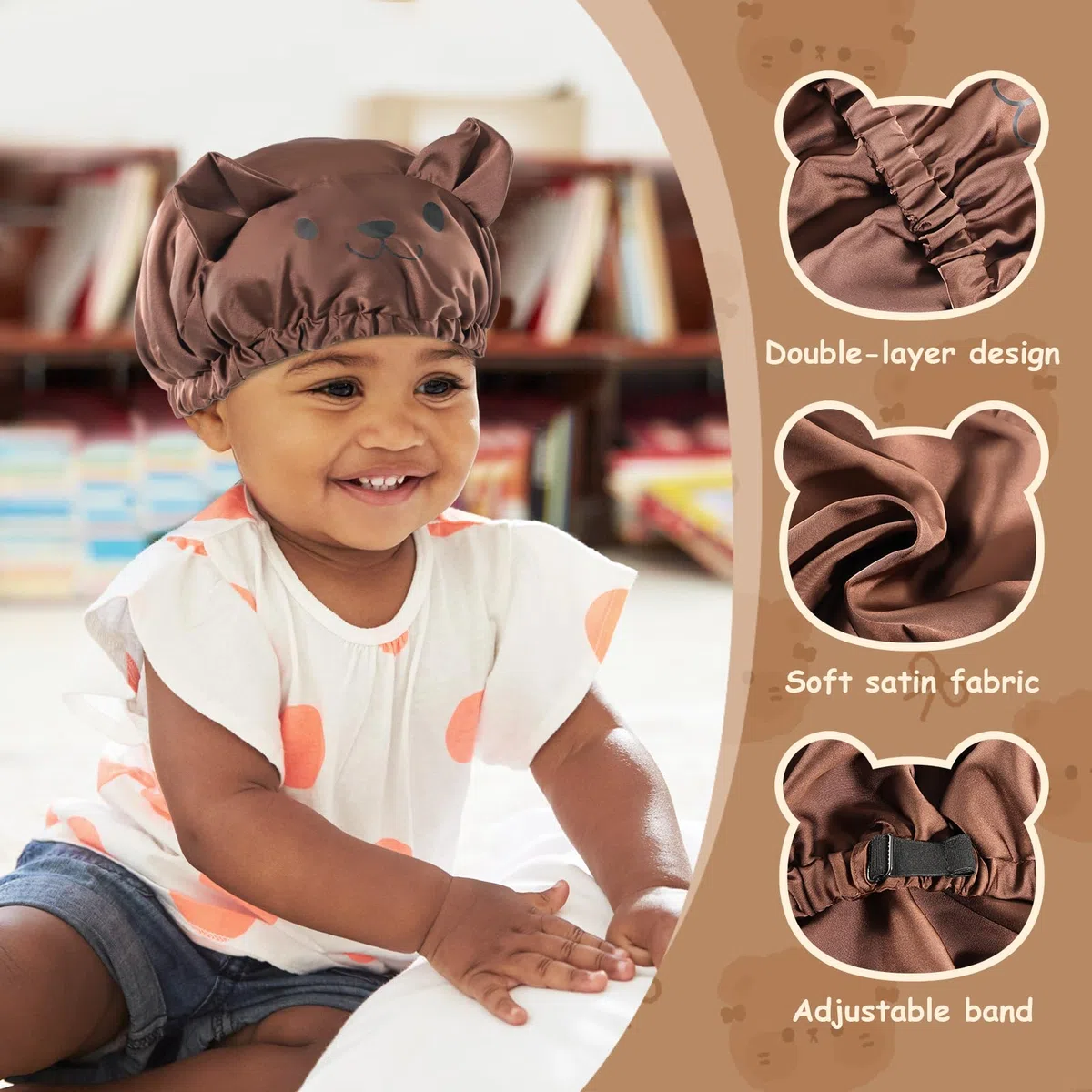 Lolalet Carino Cuffia Seta Capelli Notte per Bambino, Silk Bonnet per Ragazze/Adolescenti Capelli Ricci (Orso)