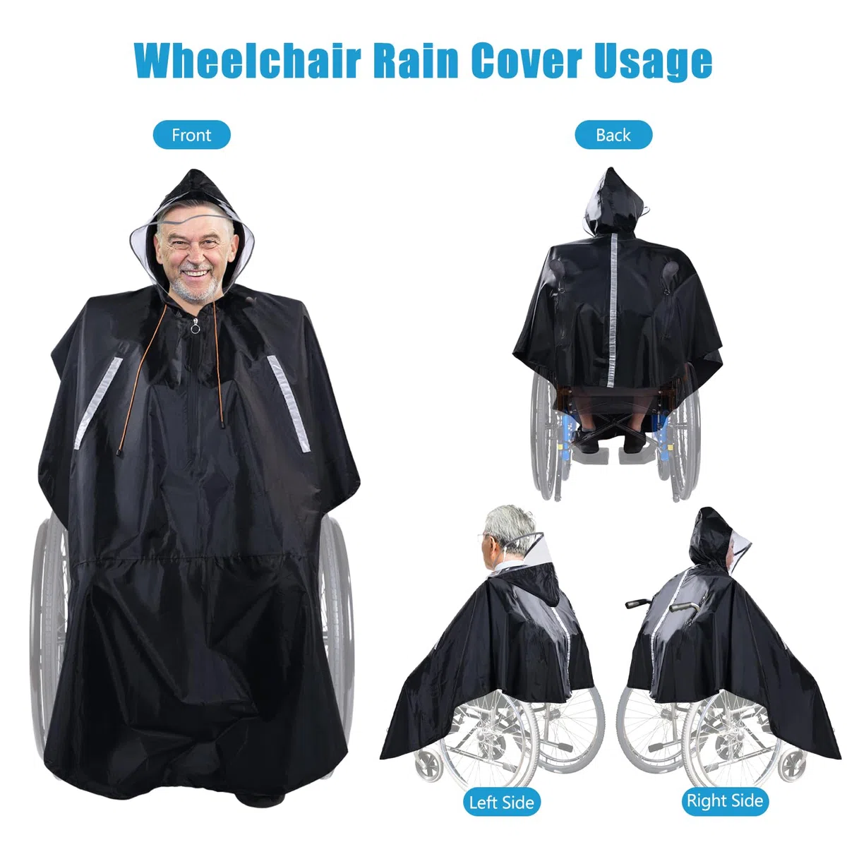 Poncho Impermeabile per Sedie a Rotelle con cappuccio semitrasparente e cerniera impermeabile, Mantella Antipioggia Universale con strisce riflettenti per scooter elettrici e di mobilità