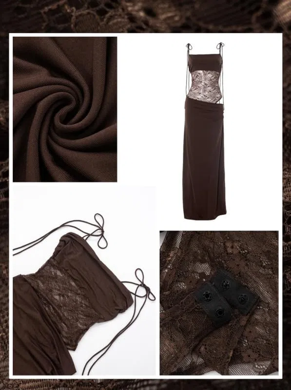 Vestito Lungo Donna Sexy Spaghetti Strap Abito in Pizzo Patchwork Estivo Senza Maniche Collo Quadrato Vestiti Elegante Aderente Maxi Abiti con Spacco per Sera Cerimonia Festa Cocktail