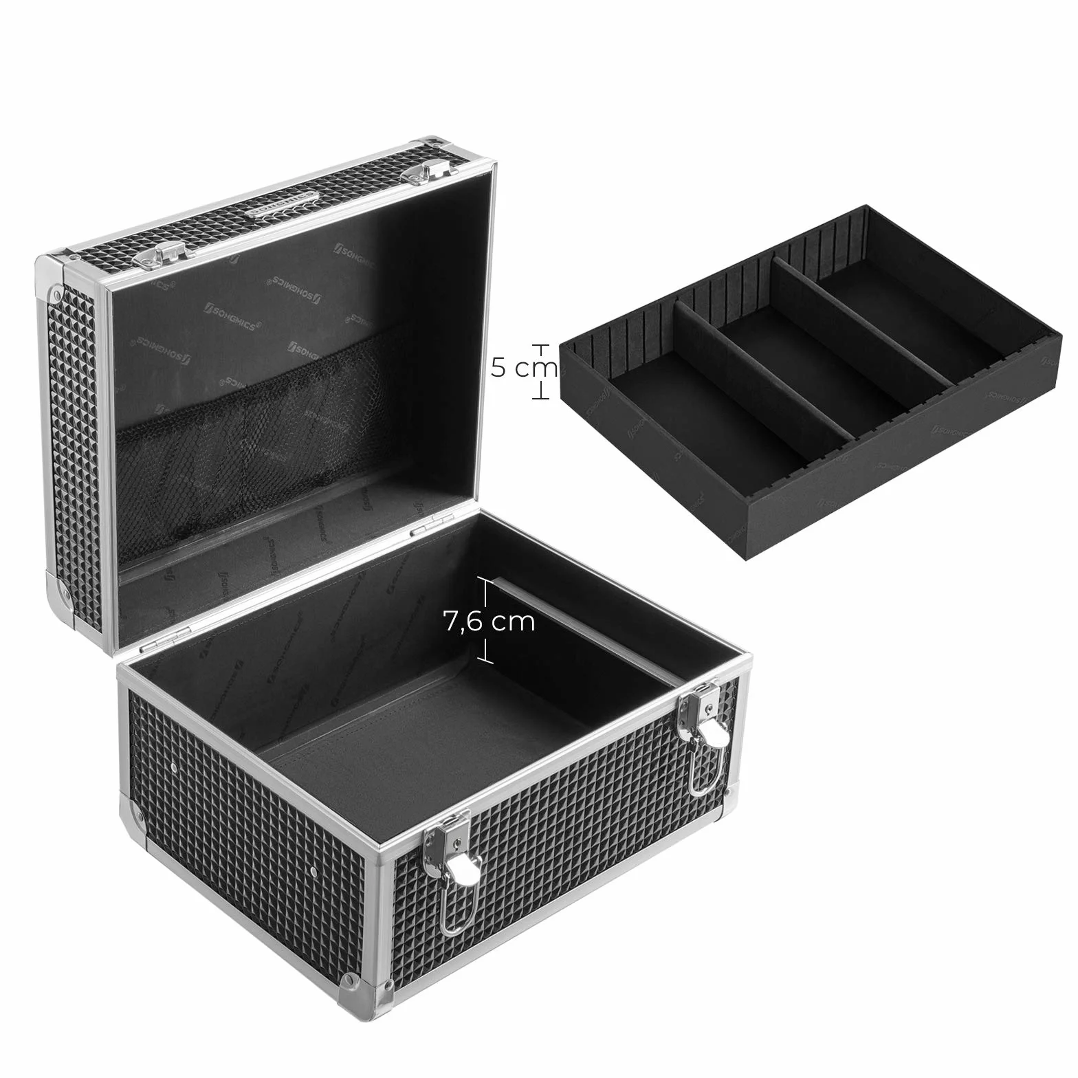 SONGMICS Valigetta per Cosmetici, Beauty Case Professionale, Cofanetto da Viaggio Porta Trucchi per Parrucchieri e Truccatori, con Vassoio Rimovibile e Serrature, Nero JBC328B01