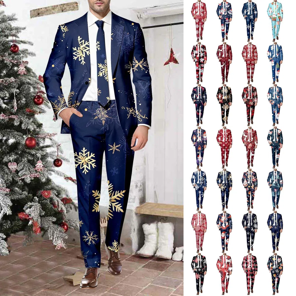 Generisch Vestito di Natale da uomo brutto costume di Natale festivo abito da uomo 2 pezzi affari smoking tuta stampa divertente Natale abiti da sposa