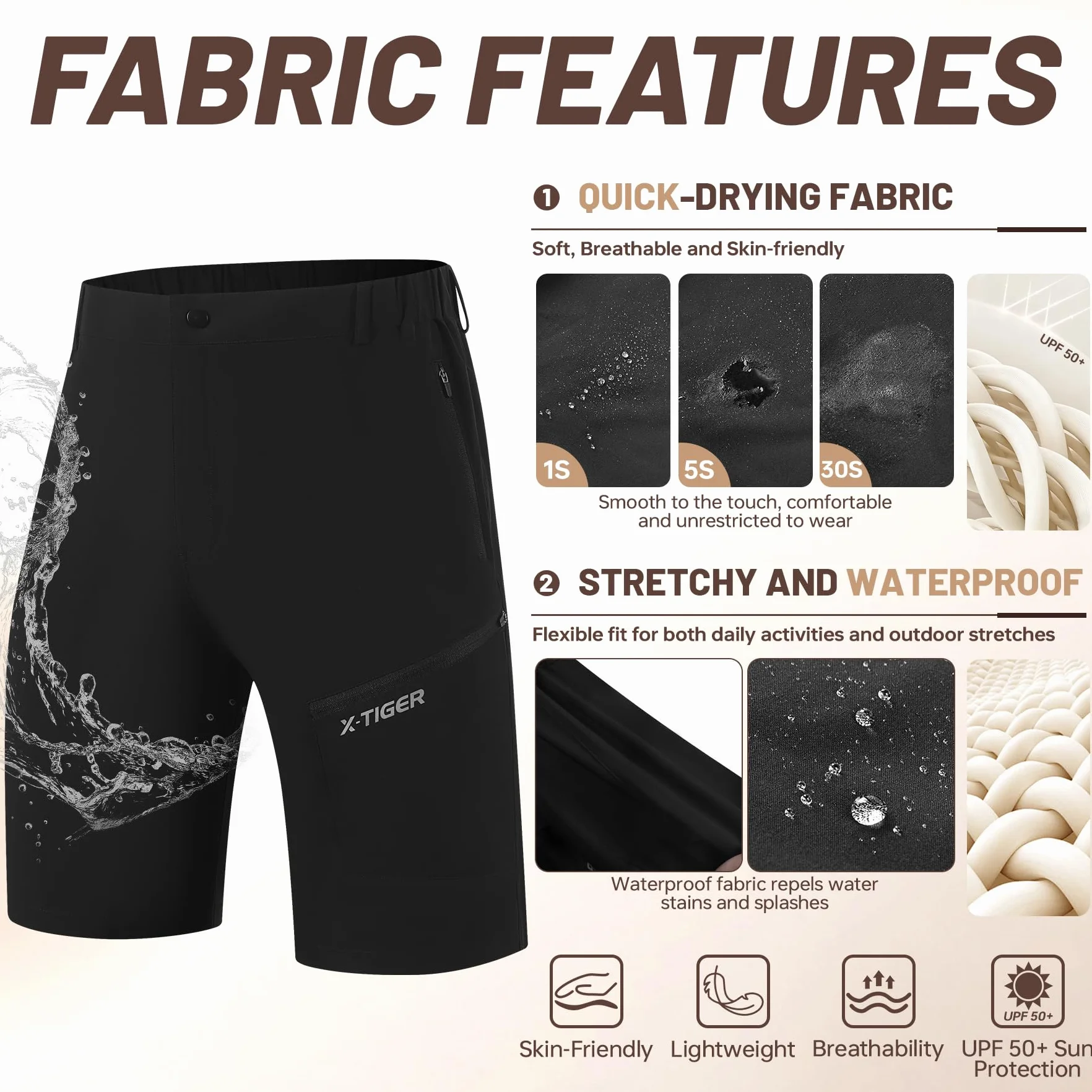 X-TIGER Pantaloncini Trekking Uomo Cargo Leggeri Traspiranti Asciugatura Rapida 5 Tasche con Cerniera Escursionismo Viaggi Outdoor