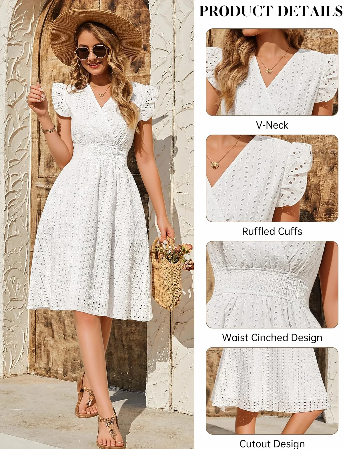 heekpek Vestito Donna Estivo Cotone Scollo a V Abito Estivo Donna Lungo Abito Senza Maniche con Volant Vita Alta Elegante Vestiti con Tasche