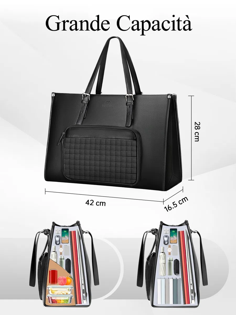 MATEIN Borsa Lavoro Donna con Scomparto Pranzo Isolato, Grande Borsa Porta PC Donna 15,6 Pollici in Pelle PU, Impermeabile Borse Tote Bag per Università, Ufficio, Shopper, Termica Porta Pranzo, Nero