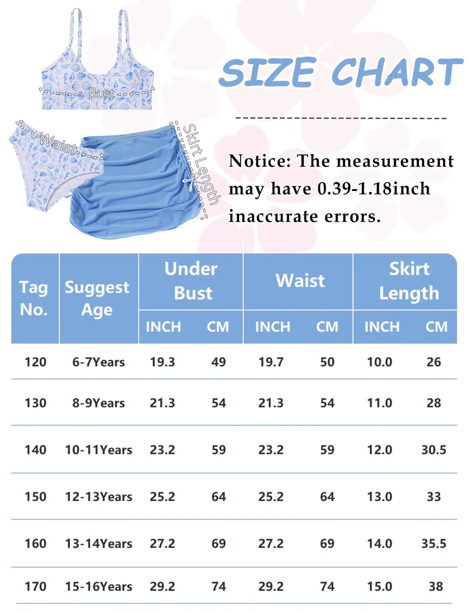 SEAUR Bikini da bambina con gonna, 3 pezzi, costume da bagno imbottito, per adolescenti, alla moda, stampato, costume da bagno per bambini, 120-170 cm