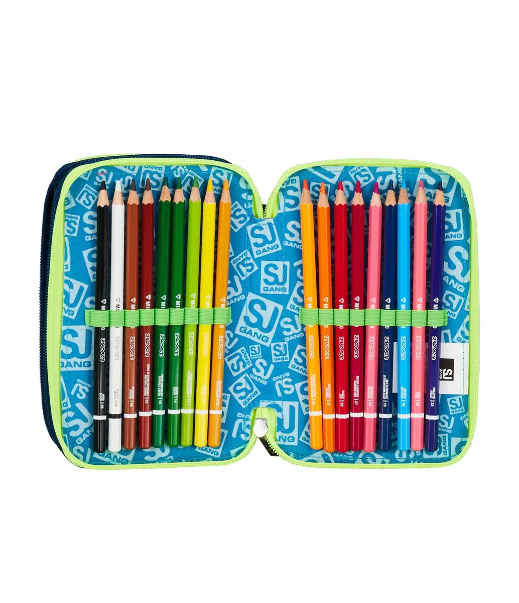 SJ GANG STYLE JAM GANG Astuccio Scuola 3 Zip, Blu, Fluo Snow, Portapenne Triplo Scomparto Completo Di Penne, Matite, Colori, Accessori Zaino, Elementari, Medie, Bambino