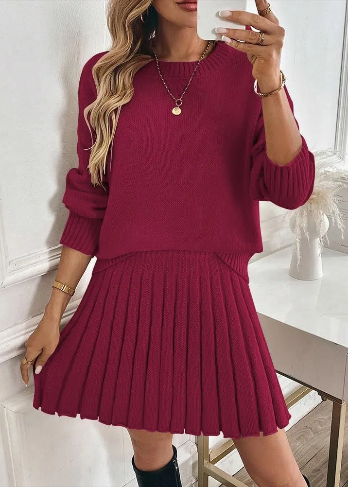 ORANDESIGNE Completo Gonna Plissettata da Donna in 2 Pezzi Abito a Collo Alto e Gonna in Maglia Set 2 Pezzi Vestiti Elegante Vestito in Maglia Gonna A-Line