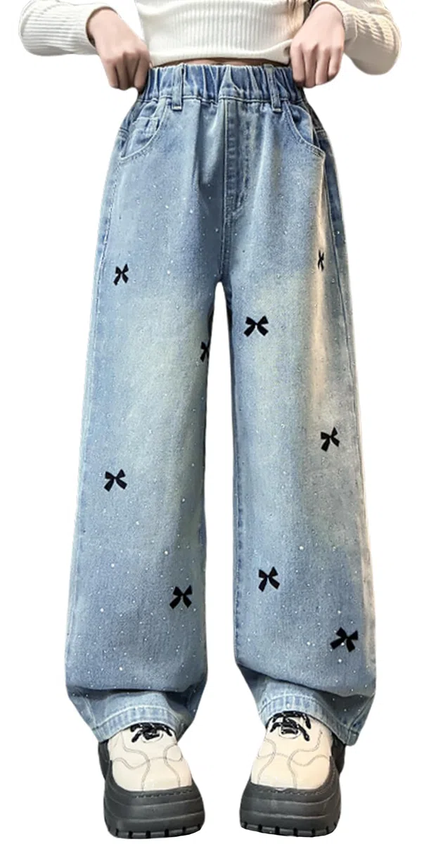 FEOYA Jeans Baggy per Bambina 5-13 Anni, Vita Elastica, Tasche, Denim Vintage con Cuori, Wide Leg Pantaloni Larghi per Ragazza