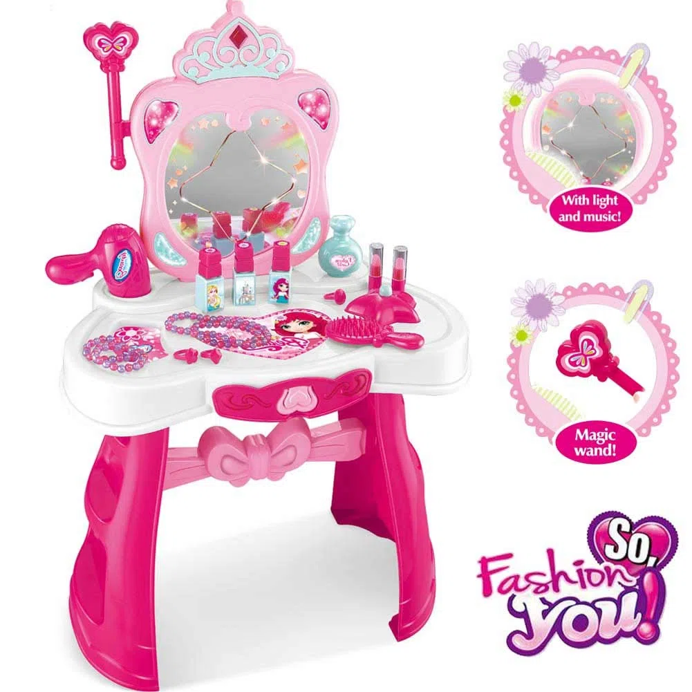 BAKAJI Specchiera per Bambina Make Up con Scettro Cuore Magico Centro Salone di Bellezza Estetista per Bambine, con luci, Suoni e Melodie incantevoli
