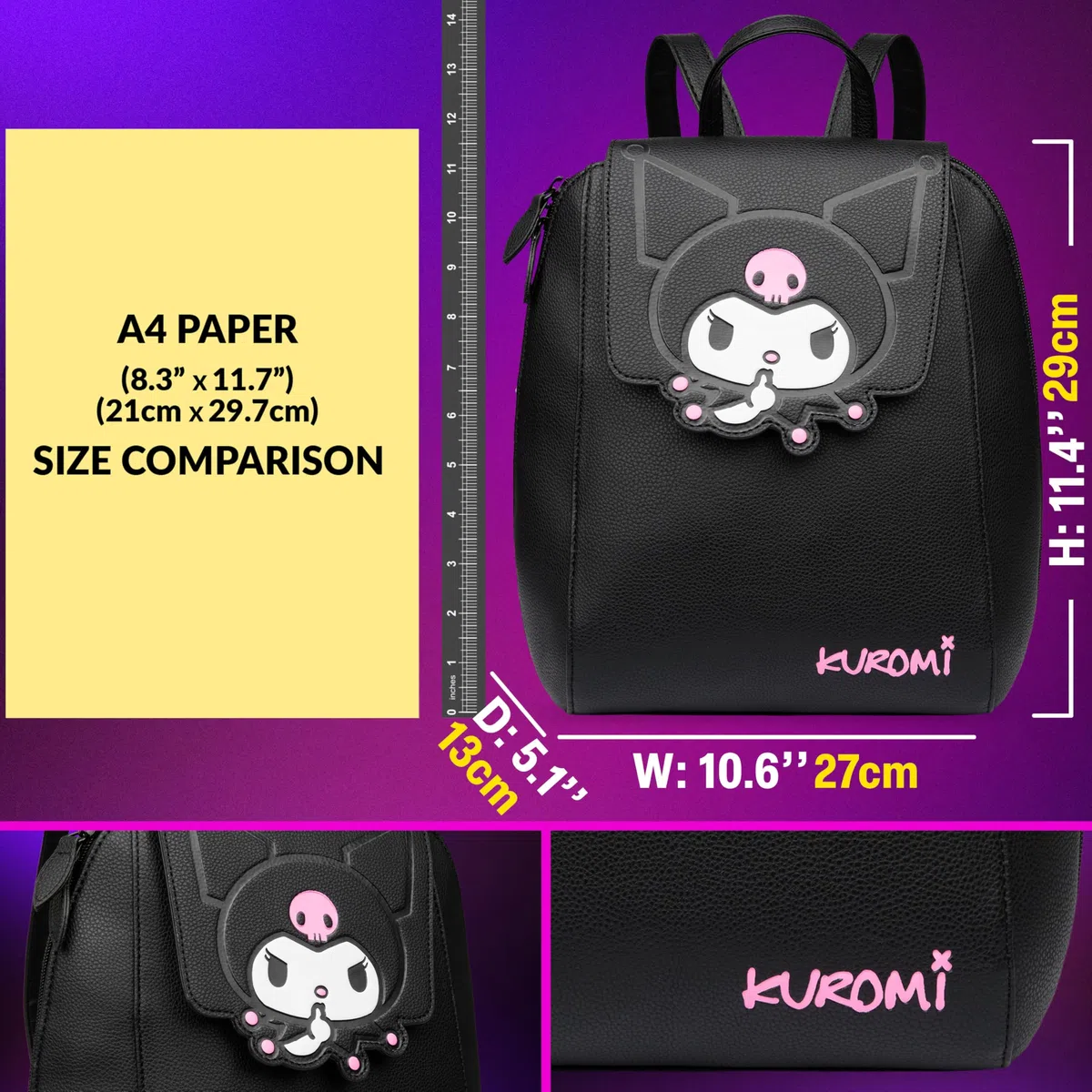 Get Trend Hello Kitty Sanrio Kuromi Zaino Donna e Adolescenti, Anime Zainetto Viaggio, Pelle PU Borsa Tracolla, Regalo per Lei (Nero Kuromi)