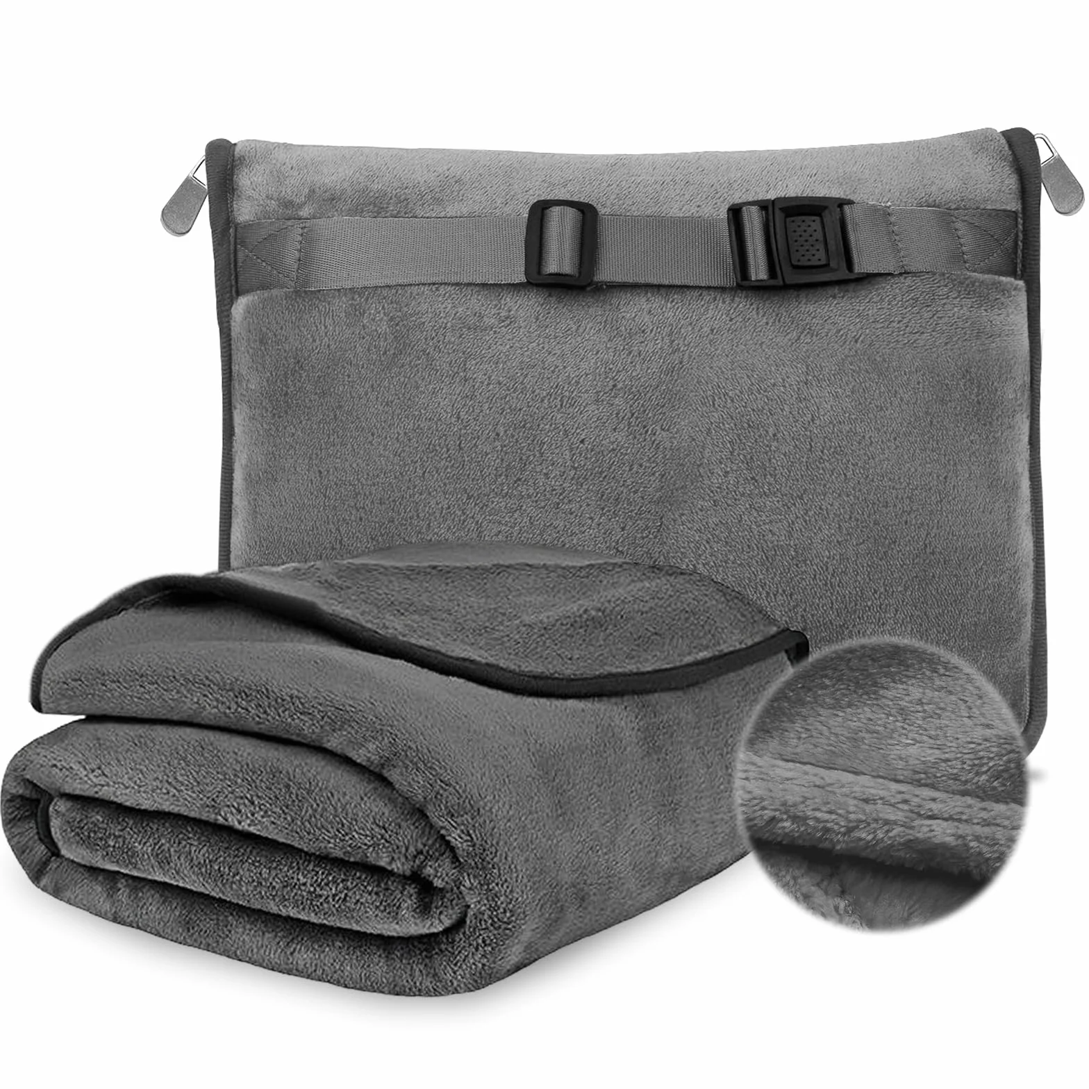 Coperta Cuscino 2 in 1 Grigia Ultraleggera Morbida e Calda per Viaggio e Auto 127×152cm