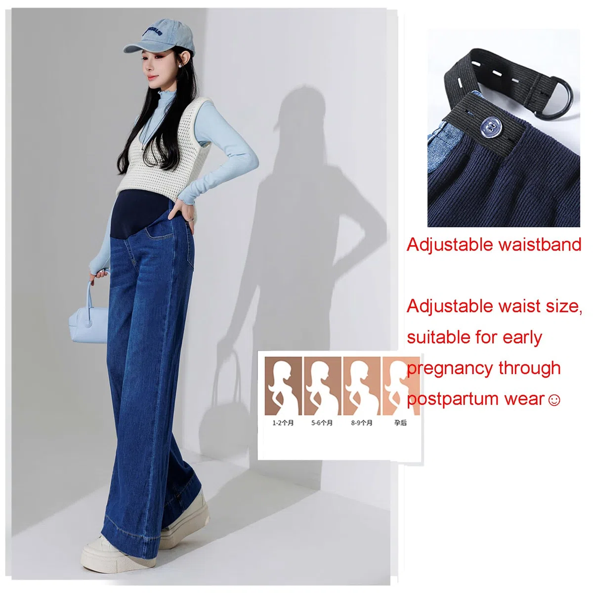 Jeans in gravidanza Bootcut con vita regolabile – Eleganti pantaloni in denim con tasche per donne fino a 175 cm – Jeans stretch Bootcut per donne incinte
