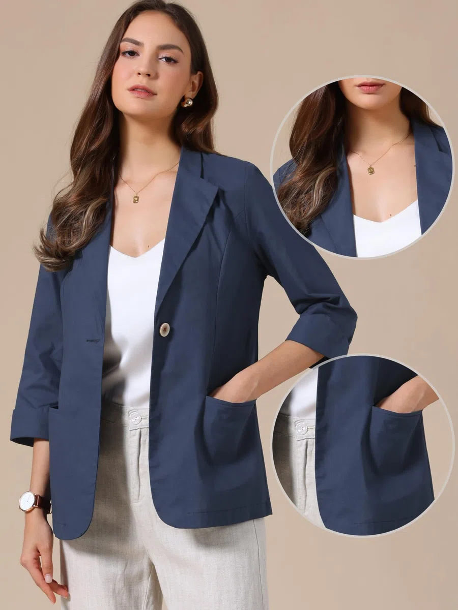 Allegra K Blazer Casual da Donna Estivo Giacca Leggera in Cotone e Lino con Maniche a 3/4
