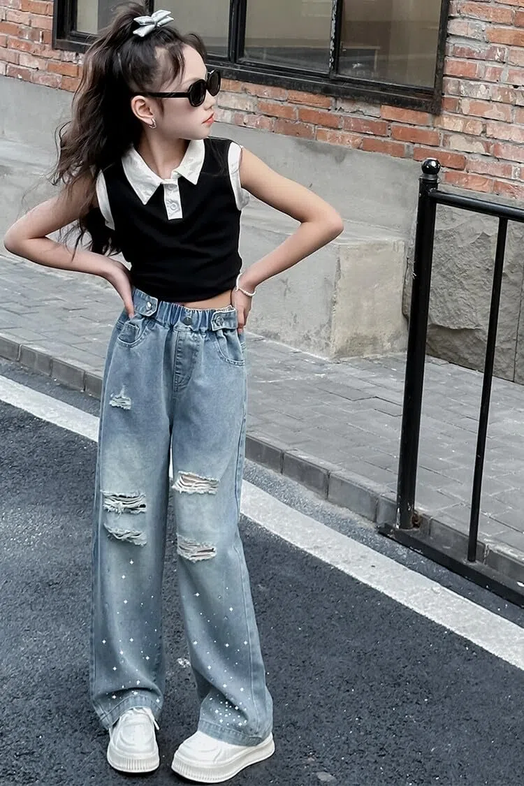 Rolanko Jeans Ragazze, Loose Denim Pantaloni Vita Elastico Moda Rotti Blu per Bambini