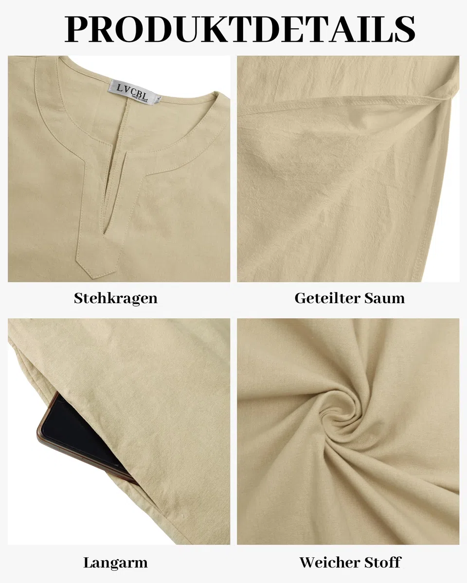 LVCBL Caftano da uomo a maniche lunghe, caftano, lungo, con tasche, universale, M-3XL