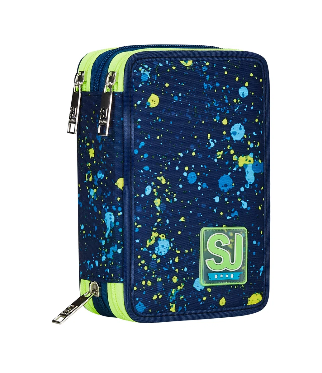 SJ GANG STYLE JAM GANG Astuccio Scuola 3 Zip, Blu, Fluo Snow, Portapenne Triplo Scomparto Completo Di Penne, Matite, Colori, Accessori Zaino, Elementari, Medie, Bambino