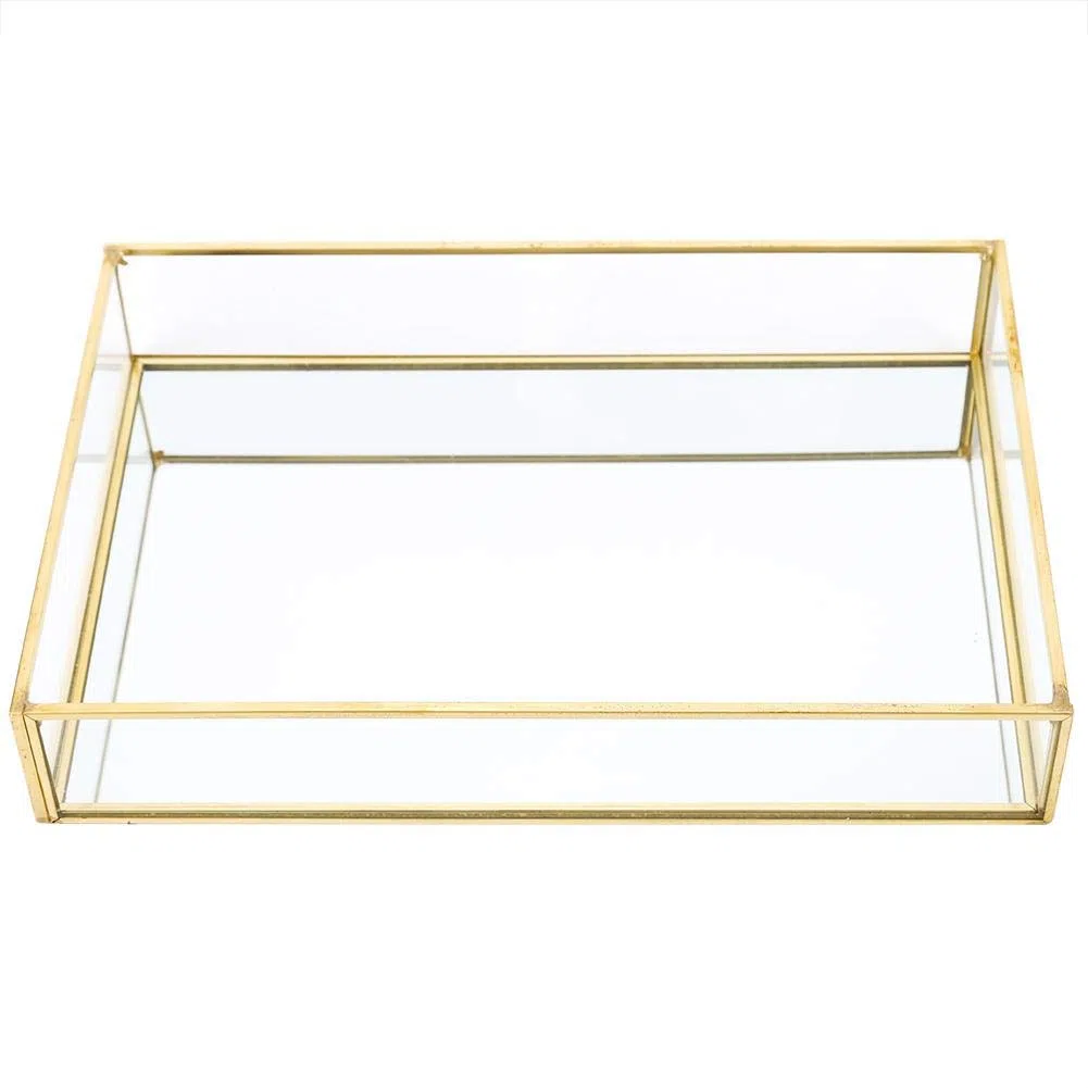Haofy Vassoio d'oro Scatole per esposizione di cosmetici per gioielli Vassoio per specchio vintage Scatola di immagazzinaggio di vetro di metallo Cosmetici Portaoggetti di vanità(Large Size)