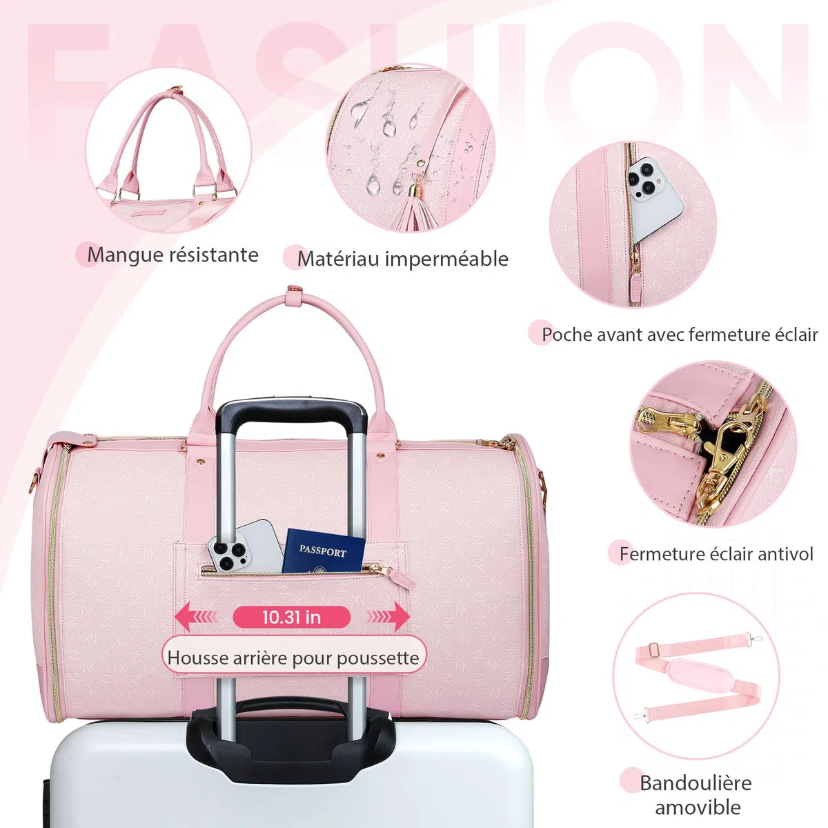 Borsa Porta Abiti da Viaggio Convertibile 50L, 2-in-1 Borsone con Pouch Scarpe Impermeabile e Sistema Anti-Piega per Uomo e Donna - Ideale per Viaggi di Lavoro e Vacanze(Rosa)