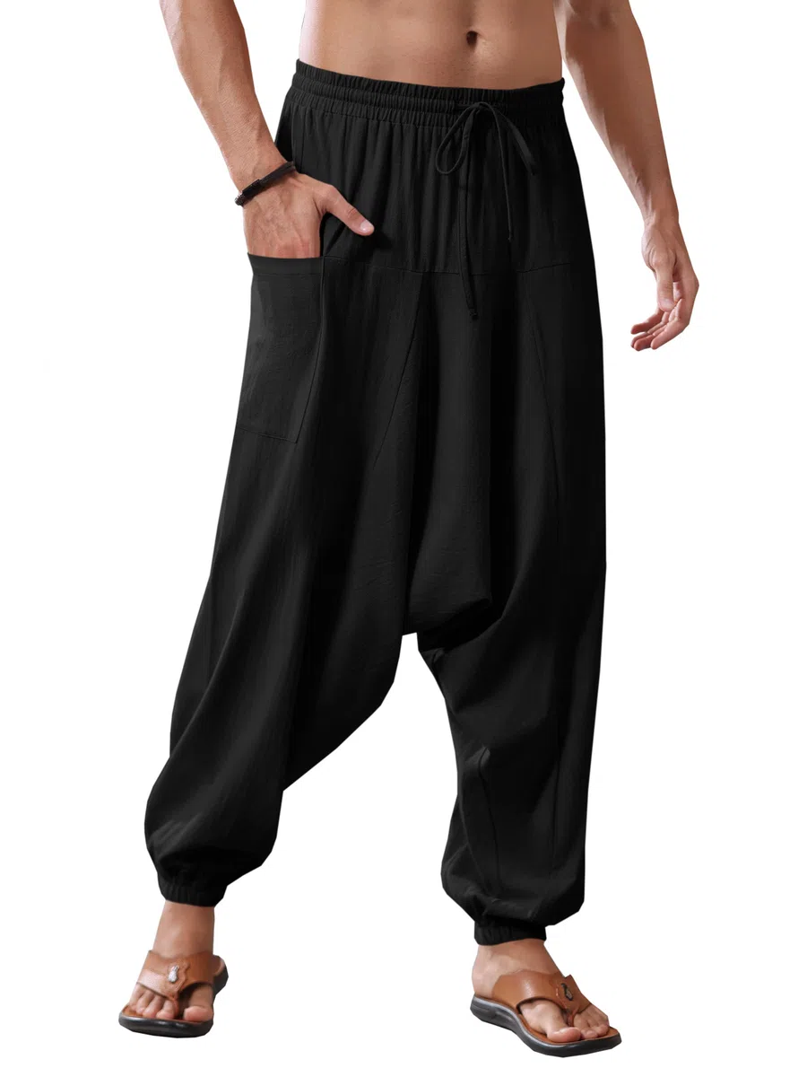 Runcati Pantaloni harem da uomo in cotone baggy hippie, casual, in lino, da spiaggia, da cavallo profondo