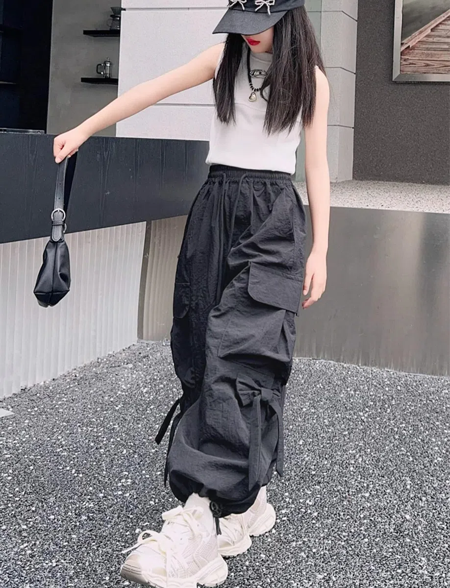 SEAUR Pantaloni cargo da ragazza, per il tempo libero, con elastico in vita, leggeri, sottili, estivi, 4 tasche, tempo libero, streetwear per bambini 5-14 anni