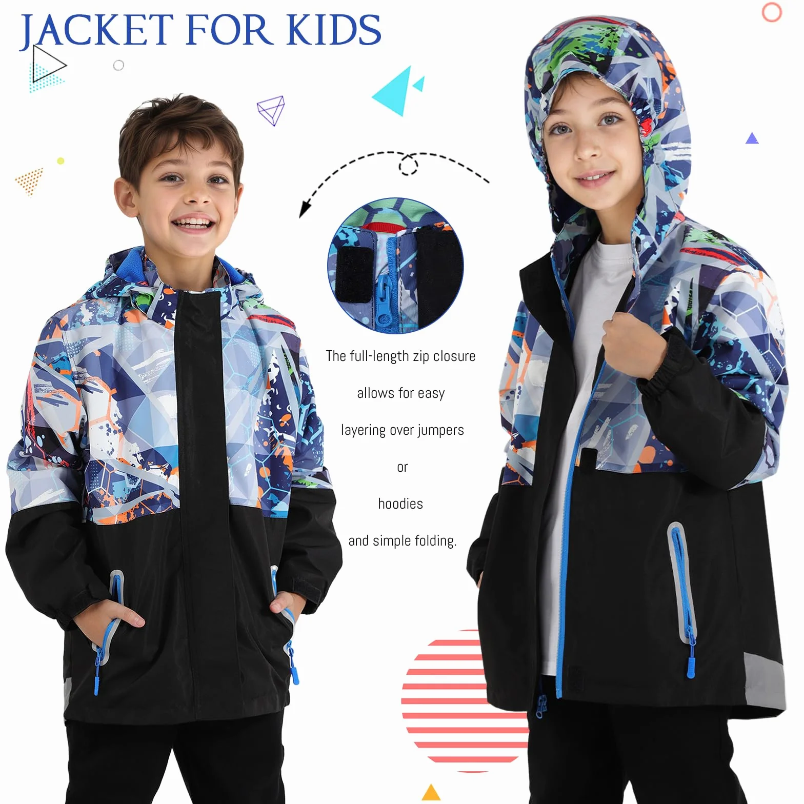 BWBIKE Giacca Impermeabile con Cappuccio per Bambini, Foderata in Pile, Antivento, Leggera, Ideale per Primavera/Autunno/Inverno, Giacca a Vento per Ragazzi a Blocchi di Colore