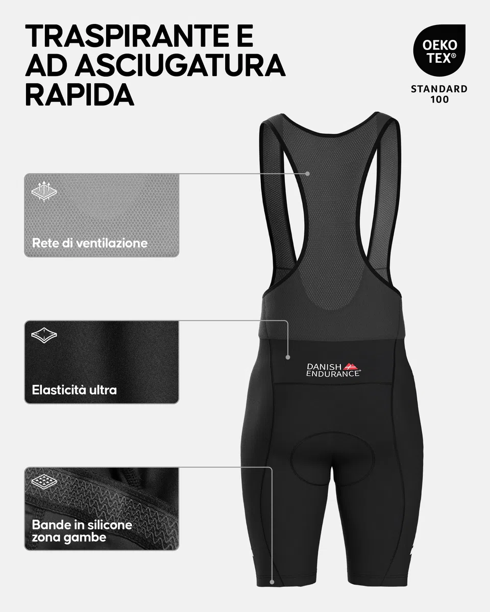 DANISH ENDURANCE Salopette da Ciclismo, Fondello con Imbottitura 3D in Camoscio, Pettorina e Pantaloncini, Quick Dry, Uomo