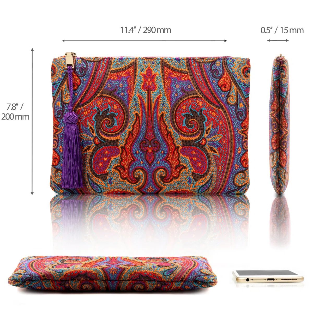 Otto Angelino Pochette di Design da Donna in tessuto con Nappina sulla Zip - Perfetta per organizzare la borsa, per trucchi, chiavi, specchietto e carte di credito, come pochette per la sera