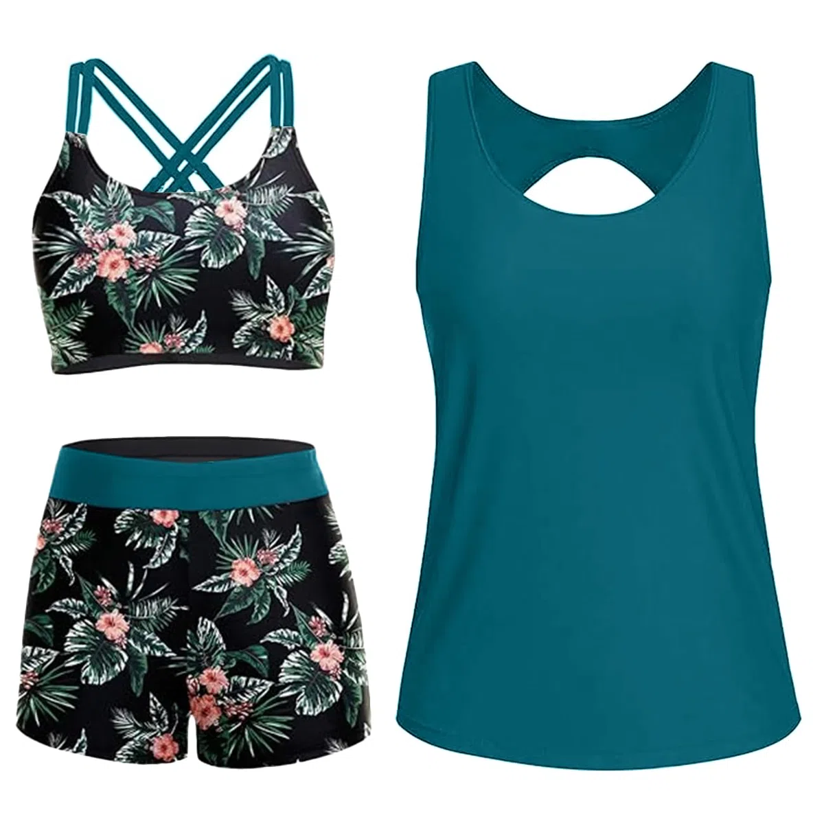 CheChury Tankini da Donna Set 3 Pezzi Costume da Bagno Donna con Pantaloncini Canotte con Reggiseno e Culotte Sets Stampato Tankini Set Crisscross Bikini Top Controllo Pancia Vita Alta Costume Bagno